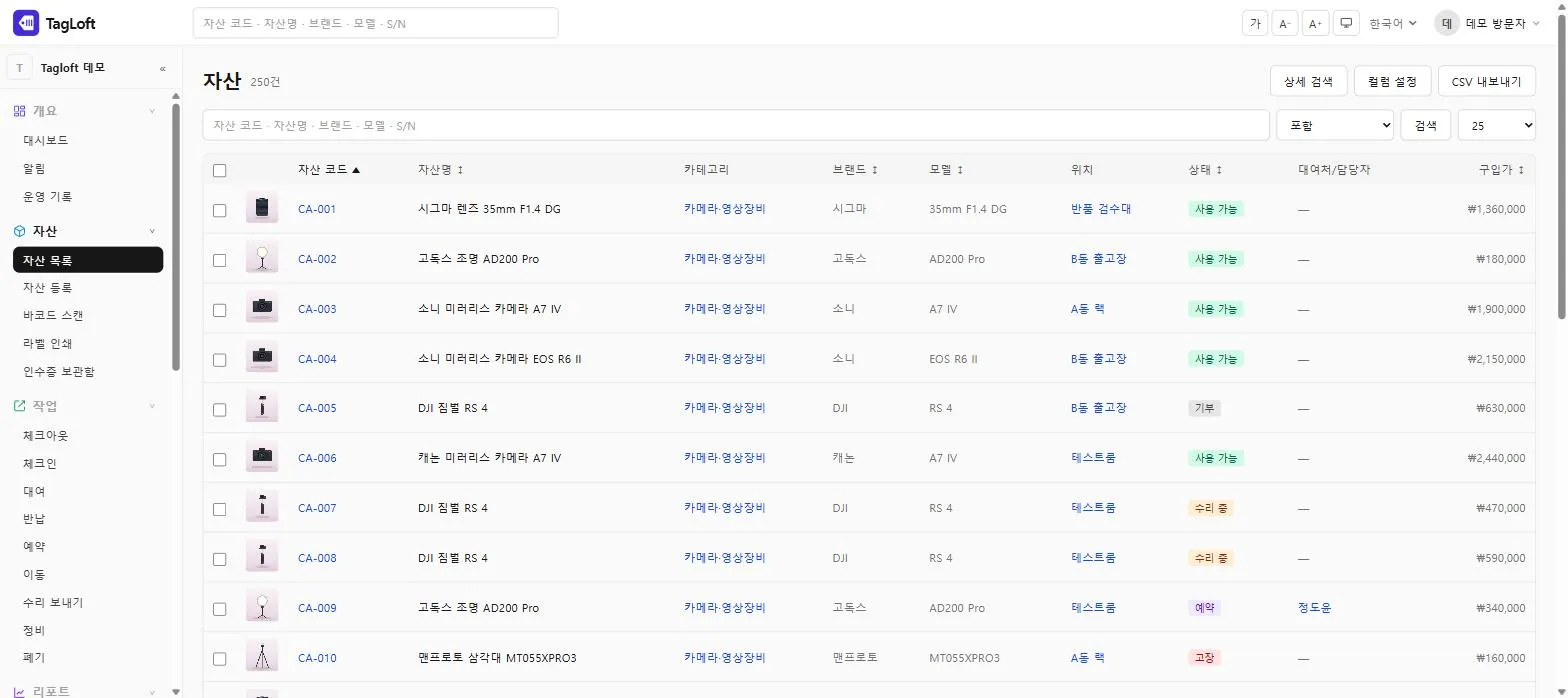 TagLoft 자산 목록 화면 — 자산 코드·카테고리·브랜드·위치·상태·구입가가 표로 보인다
